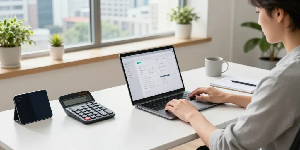 Utilizing a Calculator Online in a modern office workspace with vibrant city view.