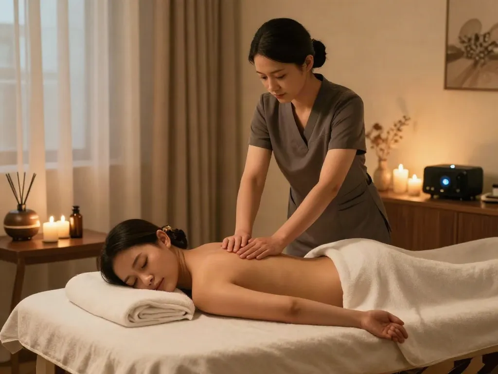 Relaxing in-home 마포출장마사지 scene with warm lighting and soothing decor.