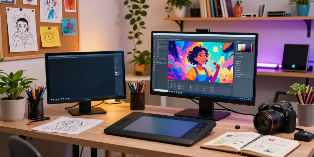 Creative digital artist using AI tools at typeshutter.com, generating unique images in a vibrant studio.