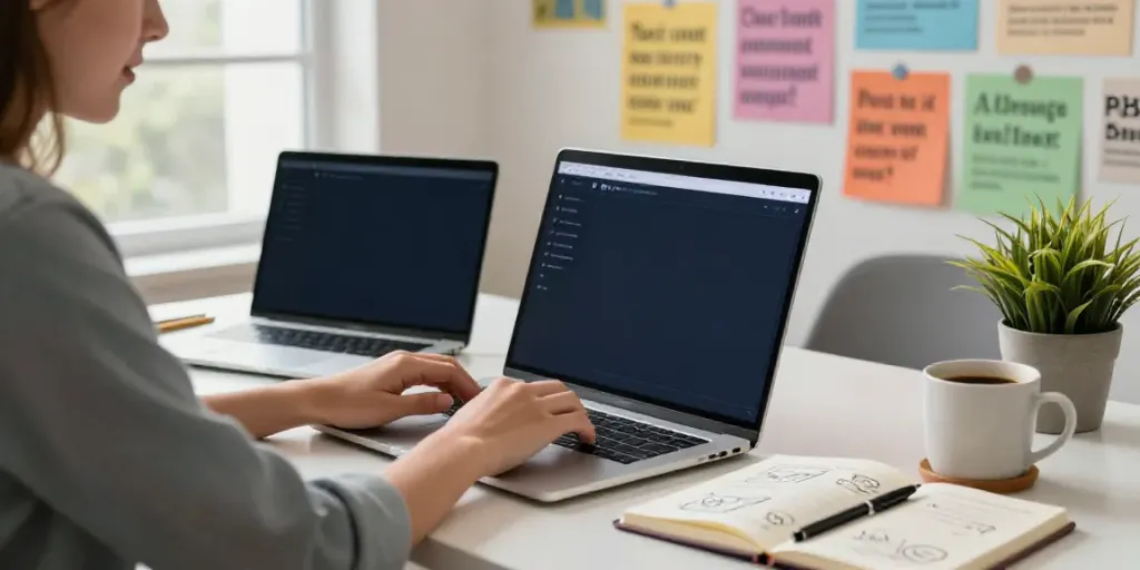 AI blog post generator in Russian showcased in a vibrant workspace with a blogger drafting ideas.