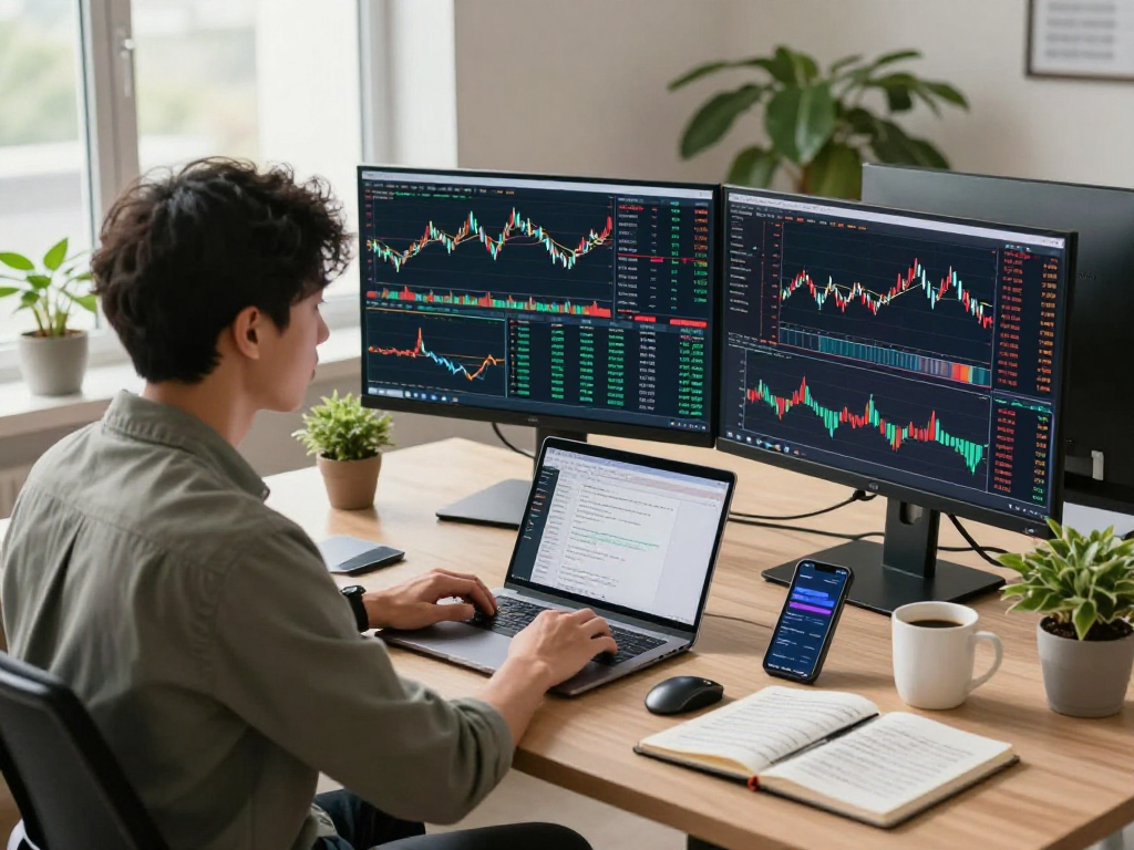 Trader analyzing TradingView charts on multiple screens in a bright office.