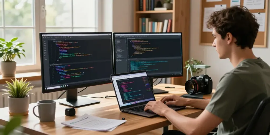 Developer using Notepad++ in a bright coding workspace with natural light and tech gadgets.