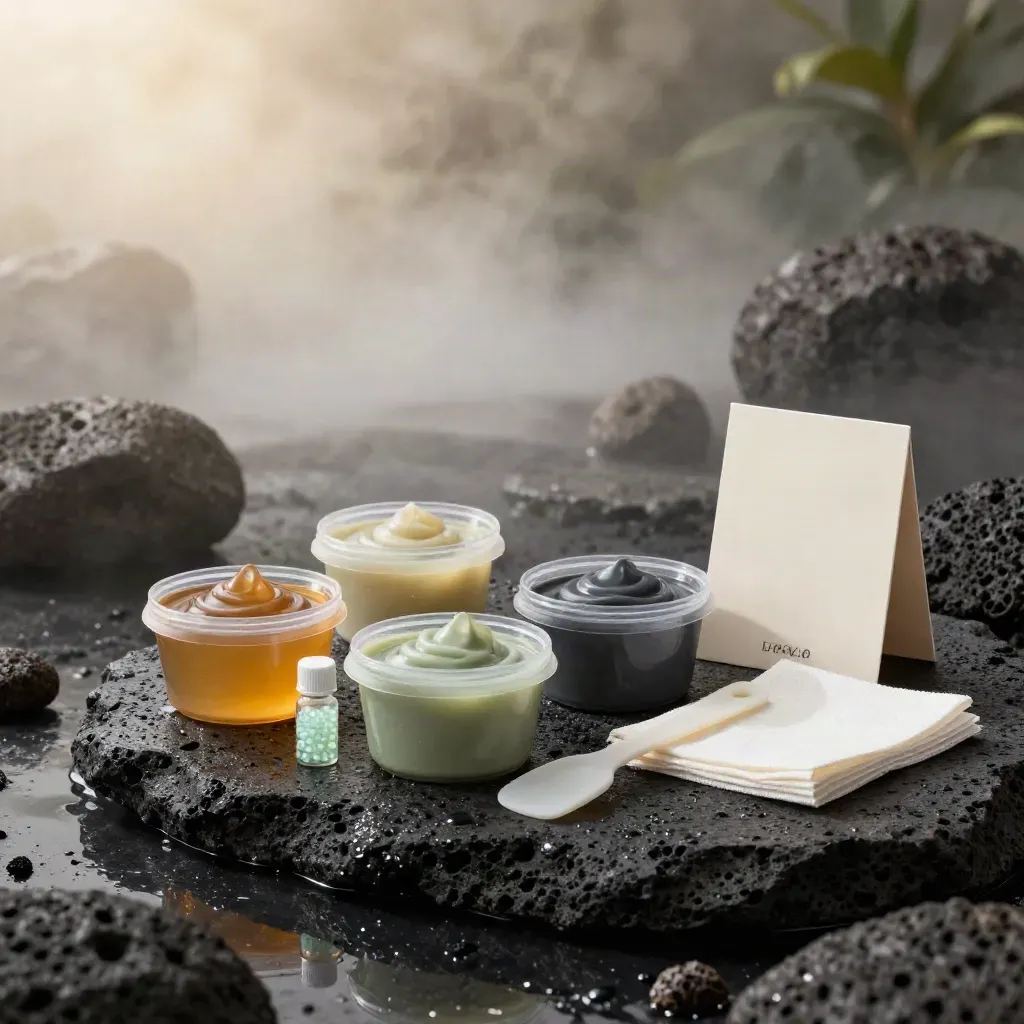 Rain-dark lava slime starter kit with open mixes, glow beads, scoop and cleanup tools on wet basalt.