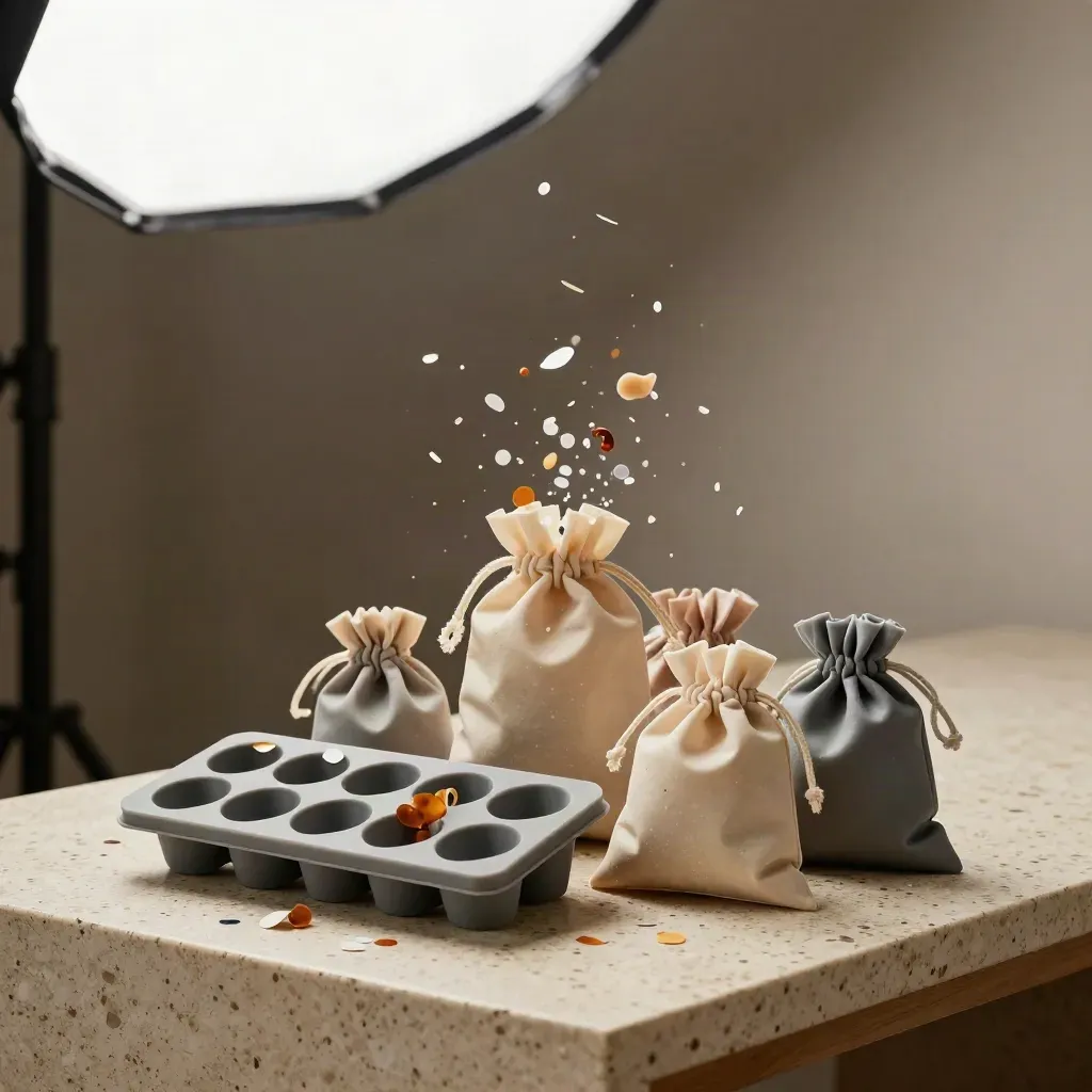 Open party pack with molds, favor bags and confetti pieces bursting on travertine