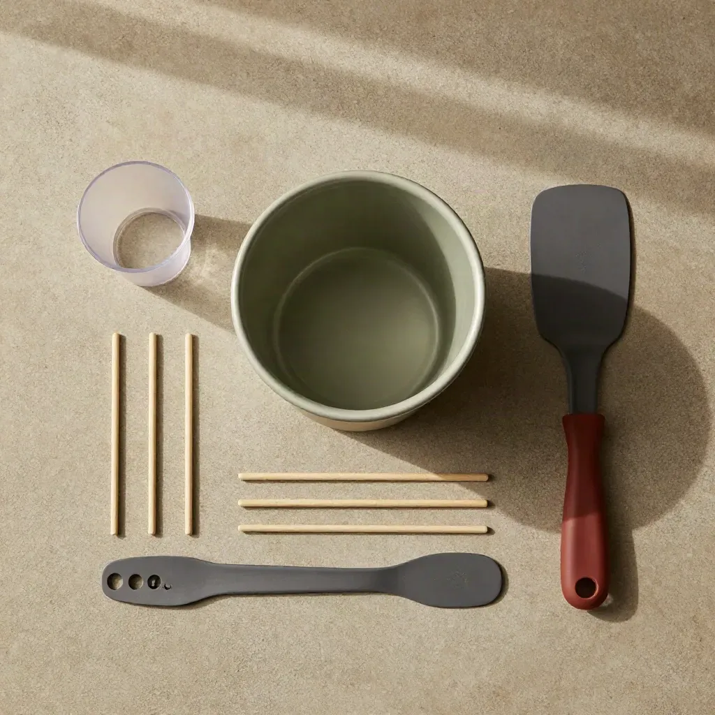 Overhead flatlay of a slime mixing kit with tub, cups, spatulas and stir sticks on stone.