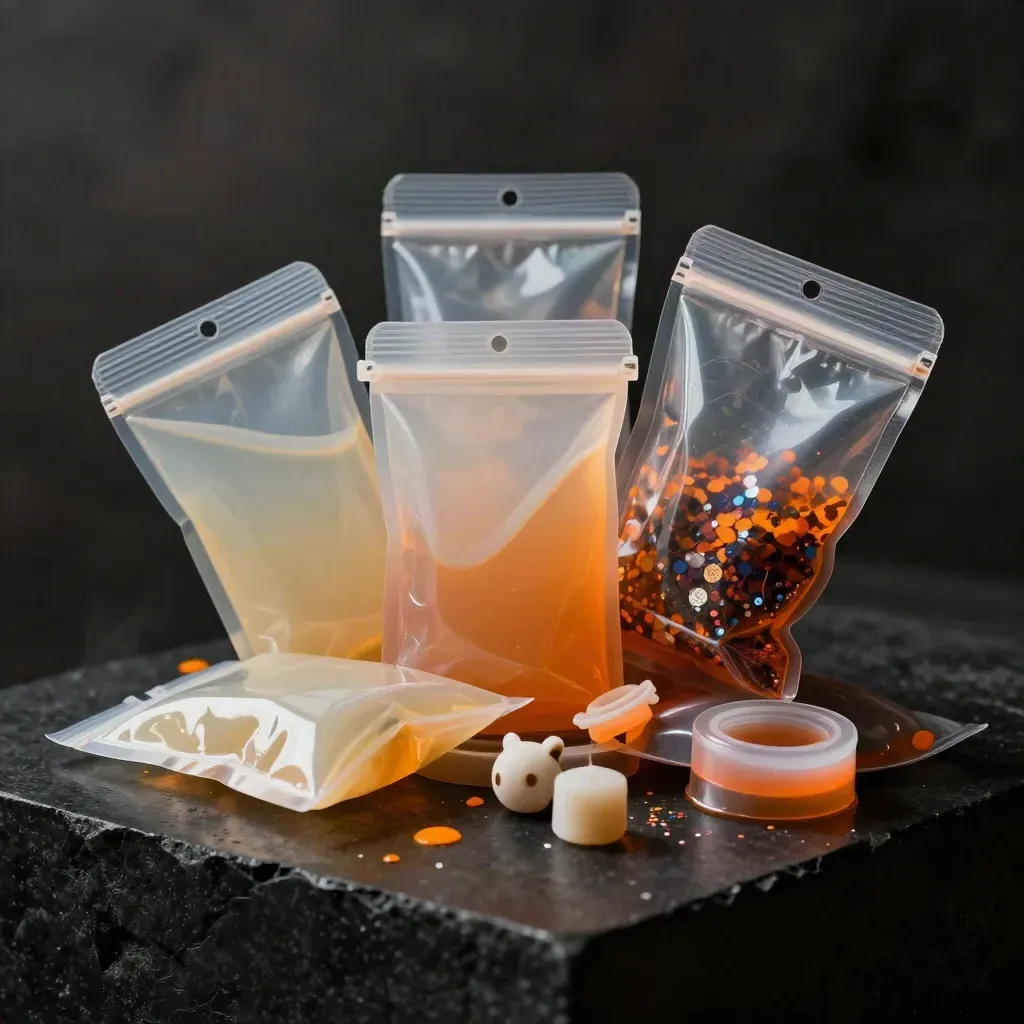 Five goo packs and mix-ins stacked on black stone, glowing with orange rim light and haze