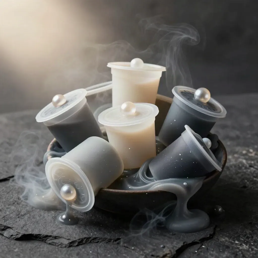 Six goo tubs around a dark bowl on charcoal stone, smoky swirls and star beads, soft haze
