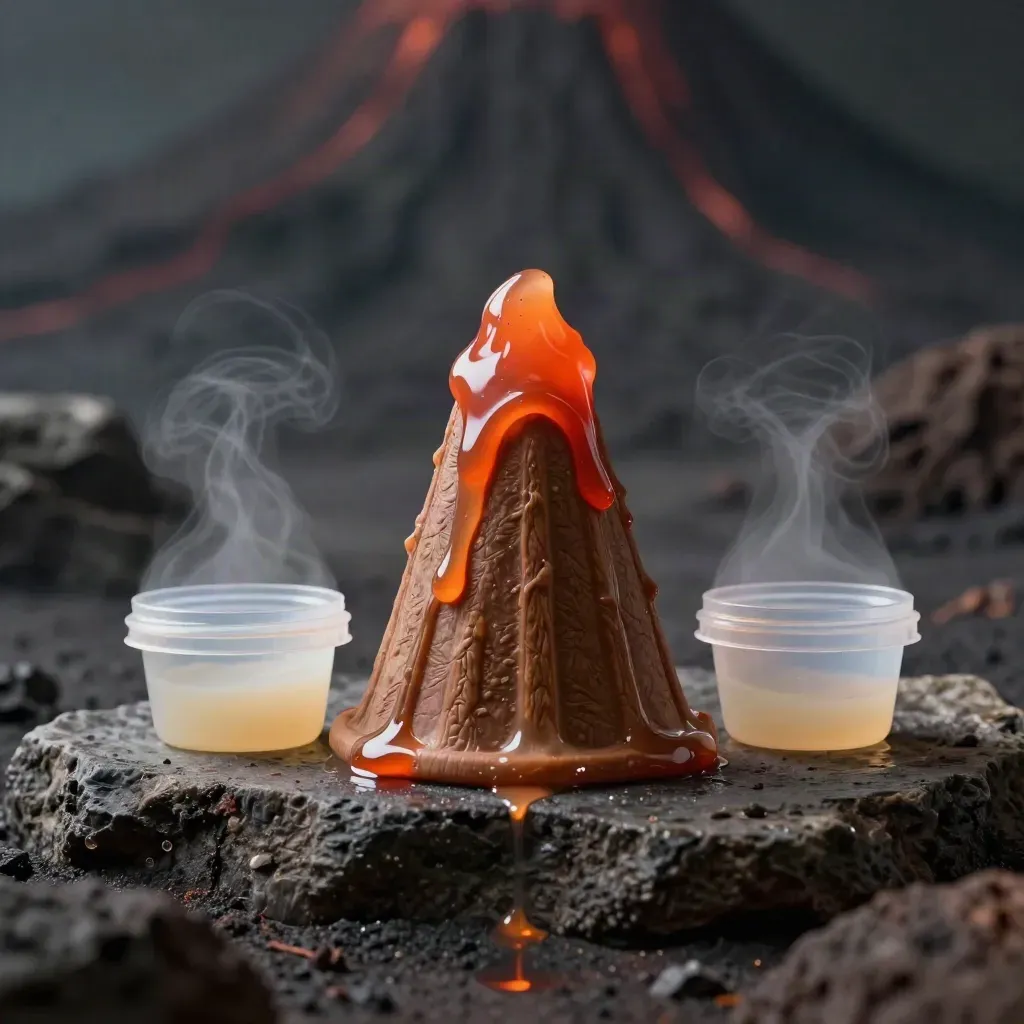 Mini Volcano Slime Kit with cone mold, two tubs, and red-orange slime erupting over stone.