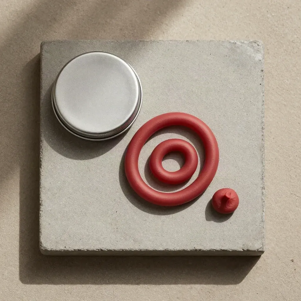 Overhead flatlay of an open putty tin with a coiled ribbon and small putty pebble