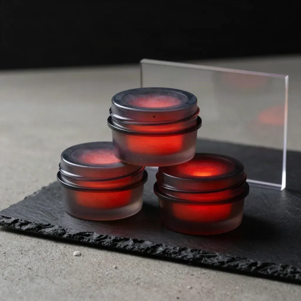 Three glowing gel containers stacked in a dark triangular hero composition on a black surface.