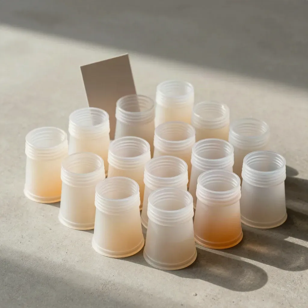 Overhead flatlay of twenty-four unbranded party favor cups fanned on concrete.