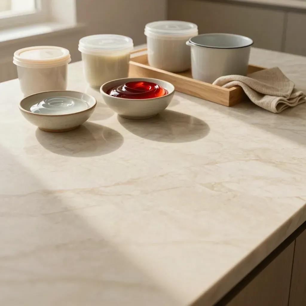 Cream marble kitchen counter with pale oak bowls and a small lava-red goo accent