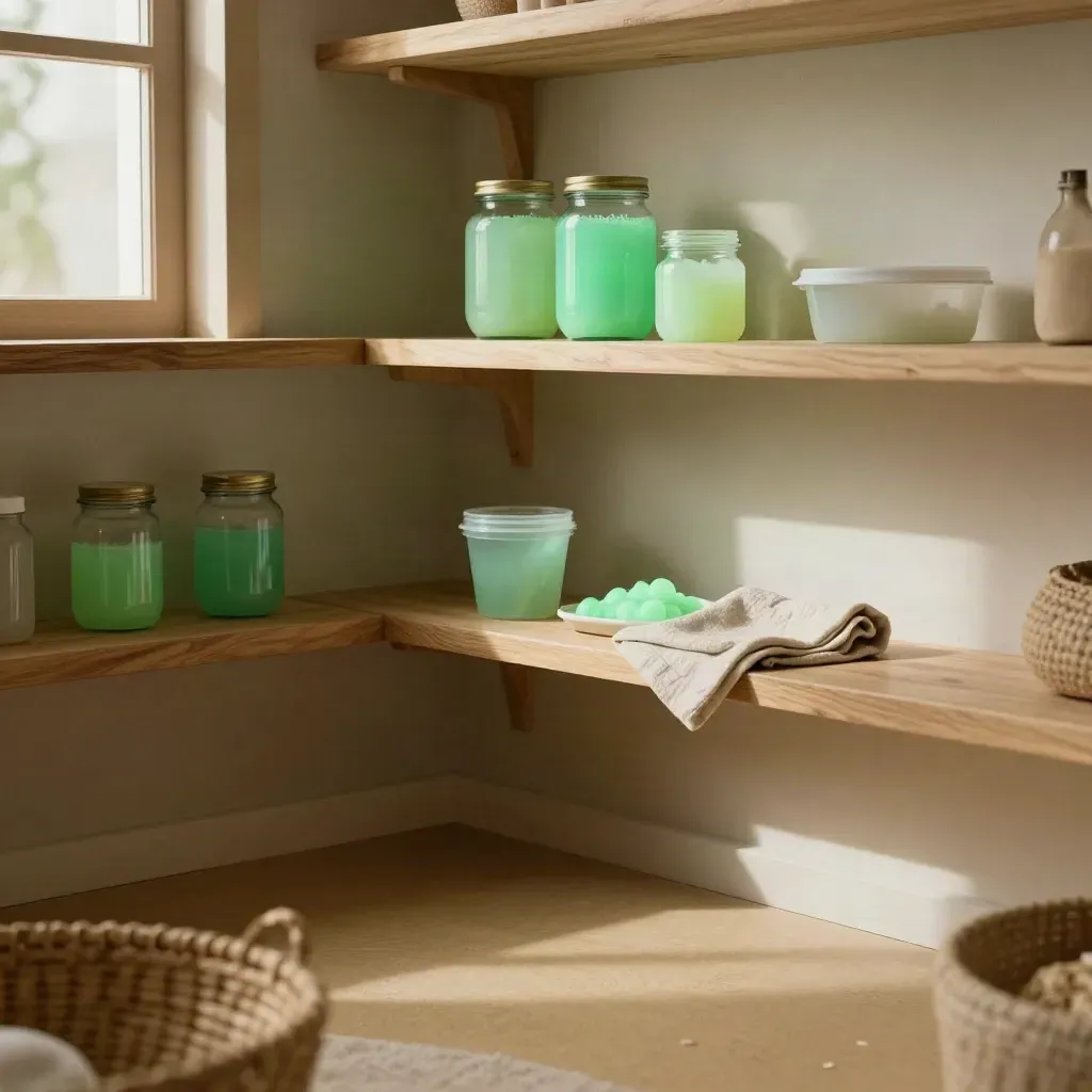 Glow slime jars on brushed wood shelves in a moody playroom corner with open floor space.