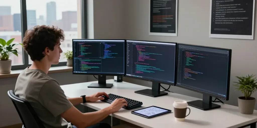 Programmer coding at a creative workspace with multiple monitors and coffee, highlighting features of https://notepad-app.co/.