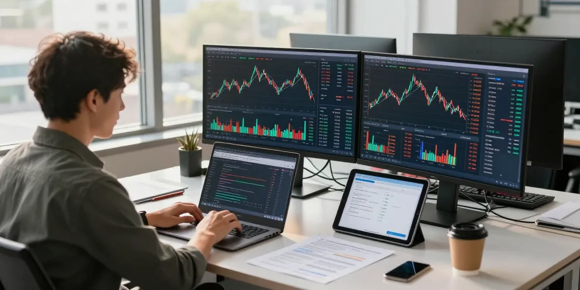 开发人员在现代办公室中使用指数实时推送WebSocket监控金融数据,桌上有金融报表和API文档,营造出高效的工作氛围。
