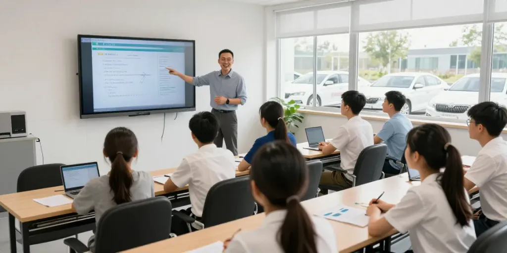 Students learning about permis de conducere chisinau in a modern classroom.