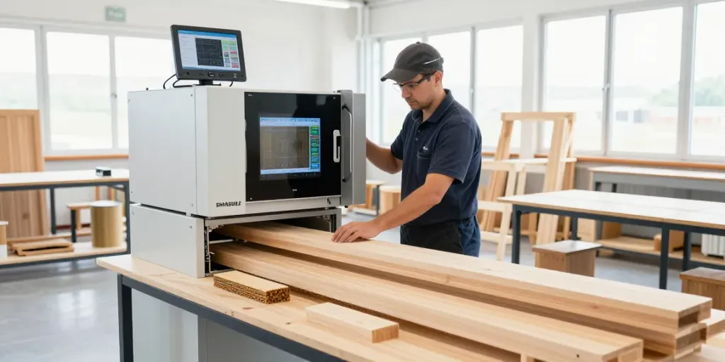 SHASHEL® wood treatment technician using innovative microwave technology to eliminate wood-boring insects in a professional workshop.