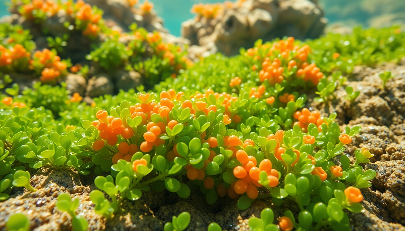 Illustration of microalgae astaxanthin showcasing vibrant colors and textures in an aquatic setting.