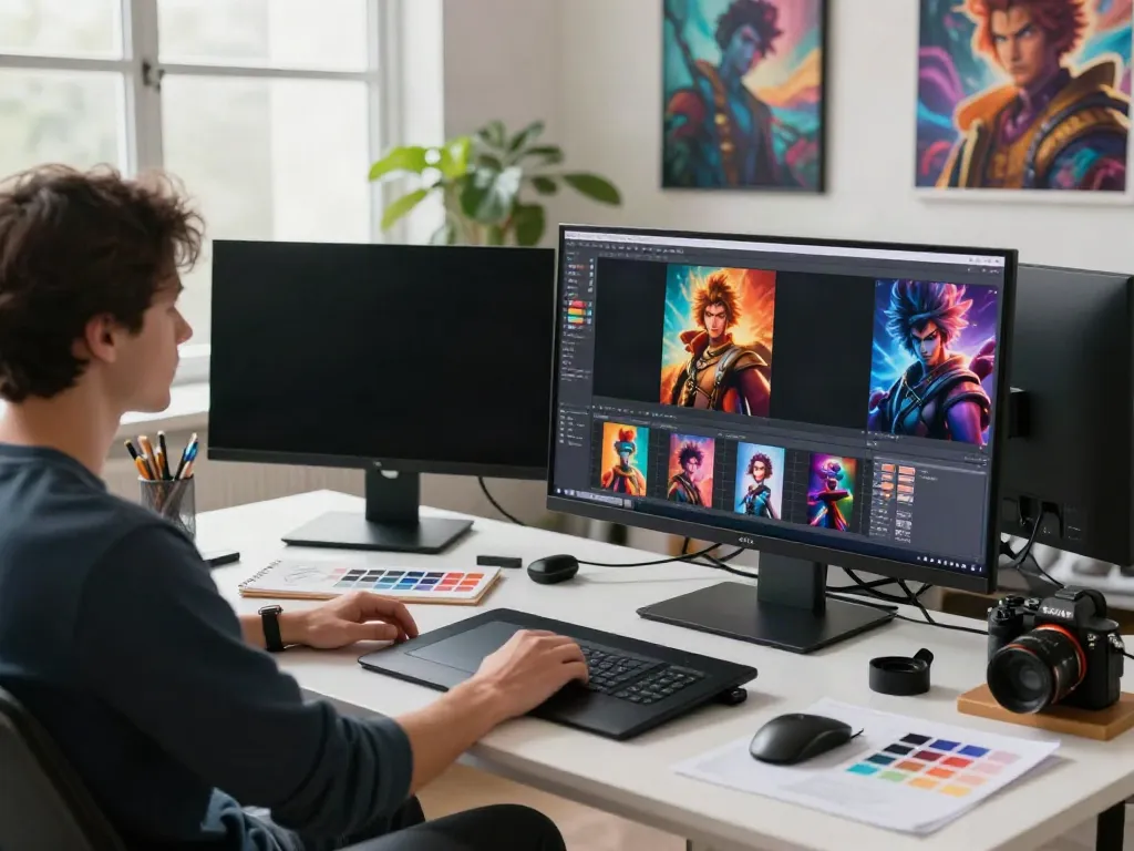 Explore AI-generated visuals in a creative workspace to understand how safe is typeshutter.com for digital creations.